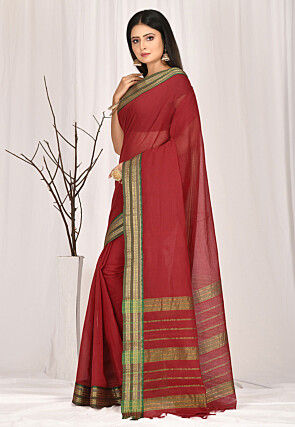 Woven South Cotton Saree in Maroon