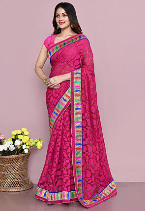 Woven Supernet Saree in Pink