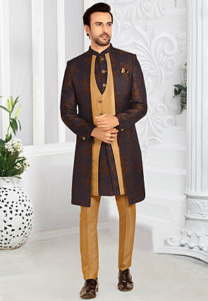 Woven Terry Rayon Asymmetric Sherwani in Golden