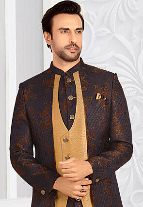Woven Terry Rayon Asymmetric Sherwani in Golden