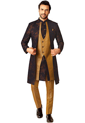 Woven Terry Rayon Asymmetric Sherwani in Golden