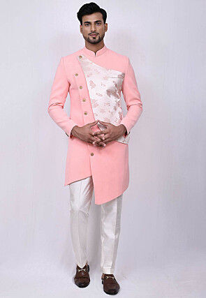 Woven Terry Rayon Asymmetric Sherwani in Peach and Off White