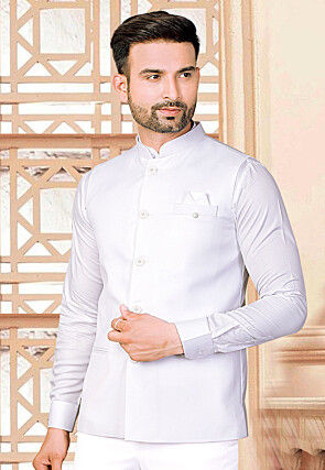 Woven Terry Rayon Bandhgala in Off White