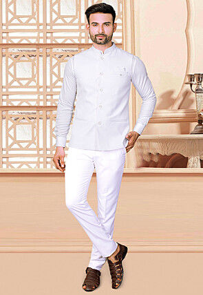 Woven Terry Rayon Bandhgala in Off White