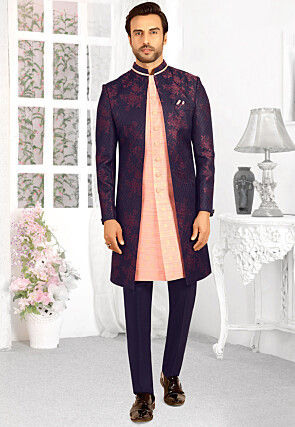 Woven Terry Rayon Jacket Style Sherwani in Peach and Navy Blue