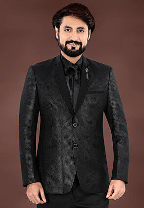 Woven Terry Rayon Jacquard Blazer in Black