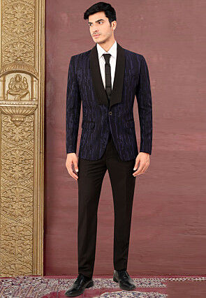 Woven Terry Rayon Jacquard Blazer in Navy Blue