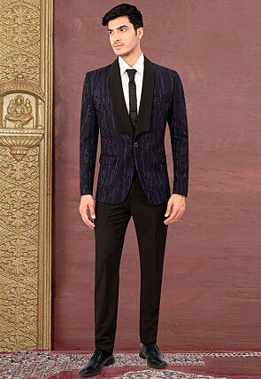 Woven Terry Rayon Jacquard Blazer in Navy Blue