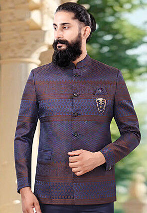 Woven Terry Rayon Jacquard Jodhpuri Jacket in Navy Blue