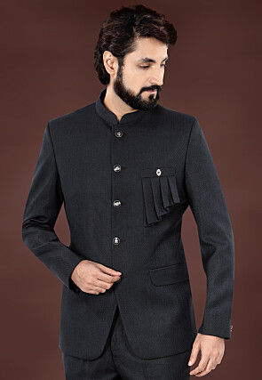 Woven Terry Rayon Jacquard Jodhpuri Jacket in Dark Grey