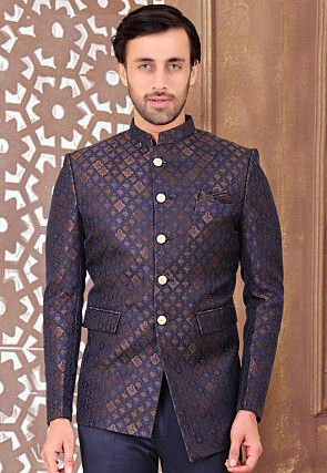 Woven Terry Rayon Jacquard Jodhpuri Jacket in Navy Blue and Golden