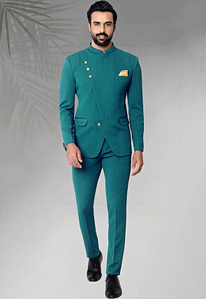 Woven Terry Rayon Jacquard Jodhpuri Jacket in Teal Blue