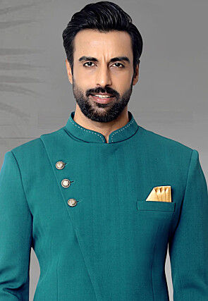 Woven Terry Rayon Jacquard Jodhpuri Jacket in Teal Blue