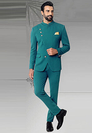 Woven Terry Rayon Jacquard Jodhpuri Jacket in Teal Blue