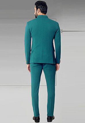 Woven Terry Rayon Jacquard Jodhpuri Jacket in Teal Blue