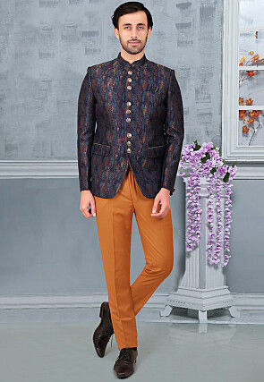 Woven Terry Rayon Jacquard Jodhpuri Suit in Multicolor