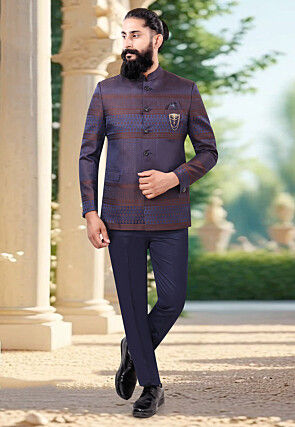 Woven Terry Rayon Jacquard Jodhpuri Suit in Navy Blue