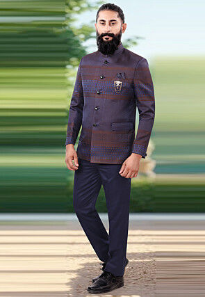 Woven Terry Rayon Jacquard Jodhpuri Suit in Navy Blue