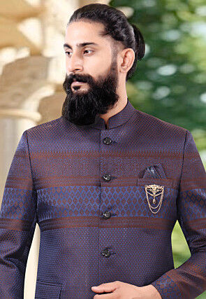 Woven Terry Rayon Jacquard Jodhpuri Suit in Navy Blue