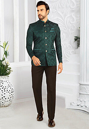 woven terry rayon jacquard jodhpuri suit in teal green v1 mhg2518