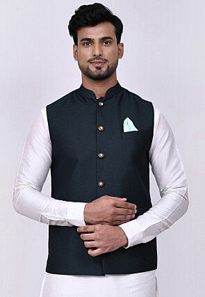 Solid Color Terry Rayon Nehru Jacket in Dark Teal Green : MTX1871