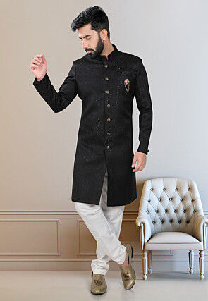 Woven Terry Rayon Jacquard Sherwani in Black