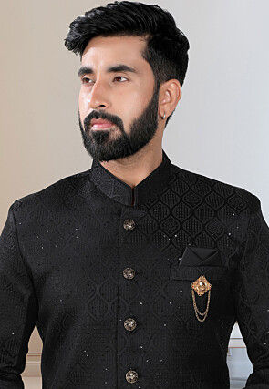 Woven Terry Rayon Jacquard Sherwani in Black