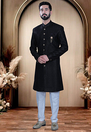 Woven Terry Rayon Jacquard Sherwani in Black