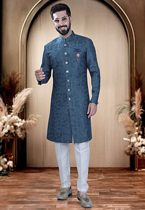 Woven Terry Rayon Jacquard Sherwani in Blue