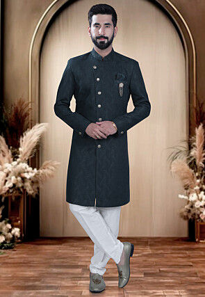 Woven Terry Rayon Jacquard Sherwani in Dark Green