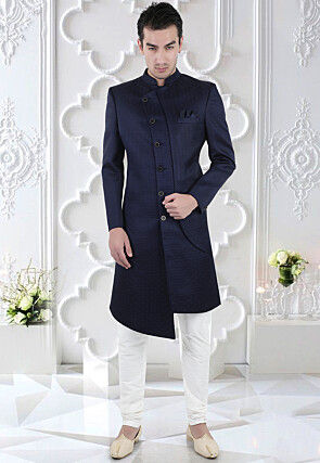 Plain terry rayon dhoti sherwani in navy blue sale