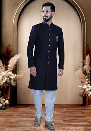 Woven Terry Rayon Jacquard Sherwani in Navy Blue