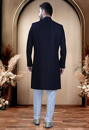 Woven Terry Rayon Jacquard Sherwani in Navy Blue