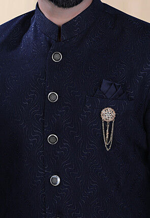Woven Terry Rayon Jacquard Sherwani in Navy Blue