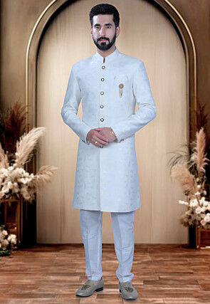 Woven Terry Rayon Jacquard Sherwani in White