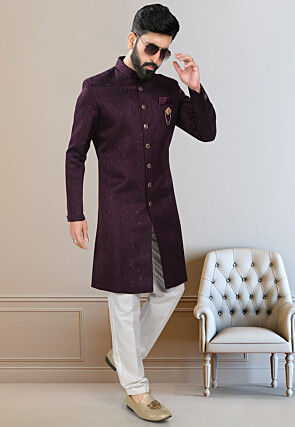 Woven Terry Rayon Jacquard Sherwani in Wine