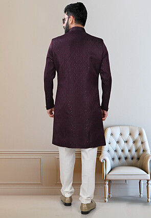 Woven Terry Rayon Jacquard Sherwani in Wine