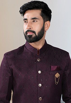 Woven Terry Rayon Jacquard Sherwani in Wine
