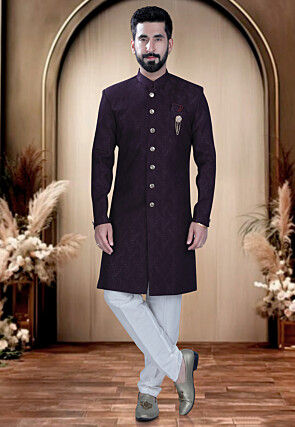 Woven Terry Rayon Jacquard Sherwani in Wine