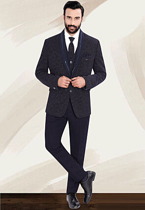Woven Terry Rayon Jacquard Suit Set in Navy Blue