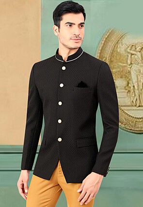 Woven Terry Rayon Jodhpuri Jacket in Black