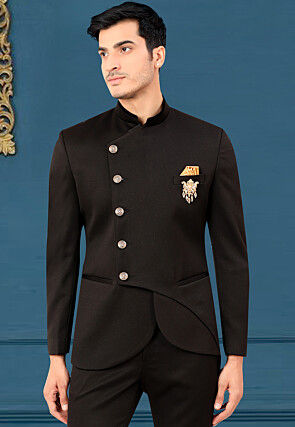 Woven Terry Rayon Jodhpuri Jacket in Black