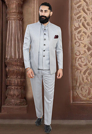 Woven Terry Rayon Jodhpuri Suit in Light Grey