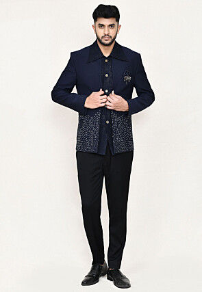 Woven Terry Rayon Jodhpuri Suit in Navy Blue
