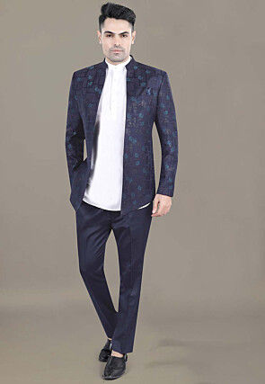 Woven Terry Rayon Jodhpuri Jacket in Navy Blue