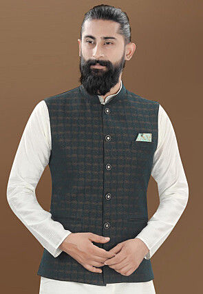 Woven Terry Rayon Nehru Jacket in Dark Green and Brown