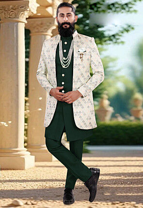 Woven Terry Rayon Sherwani in Dark Green and Cream