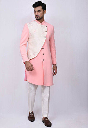 Woven Terry Rayon Sherwani in Peach and Off White