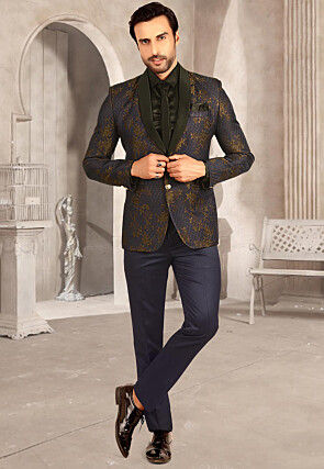 Woven Terry Rayon Jacquard Tuxedo in Navy Blue