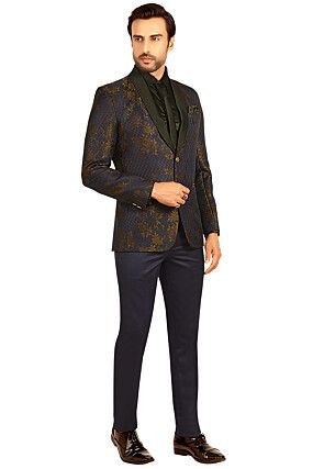Woven Terry Rayon Jacquard Tuxedo in Navy Blue